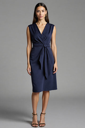 Bodycon Navy V Neck Midi Work Dress With Sash